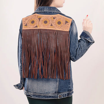 ADJKT016 Genuine leather Hand tooled hand carved Women 100% cotton Denim jacket dress ladies girl